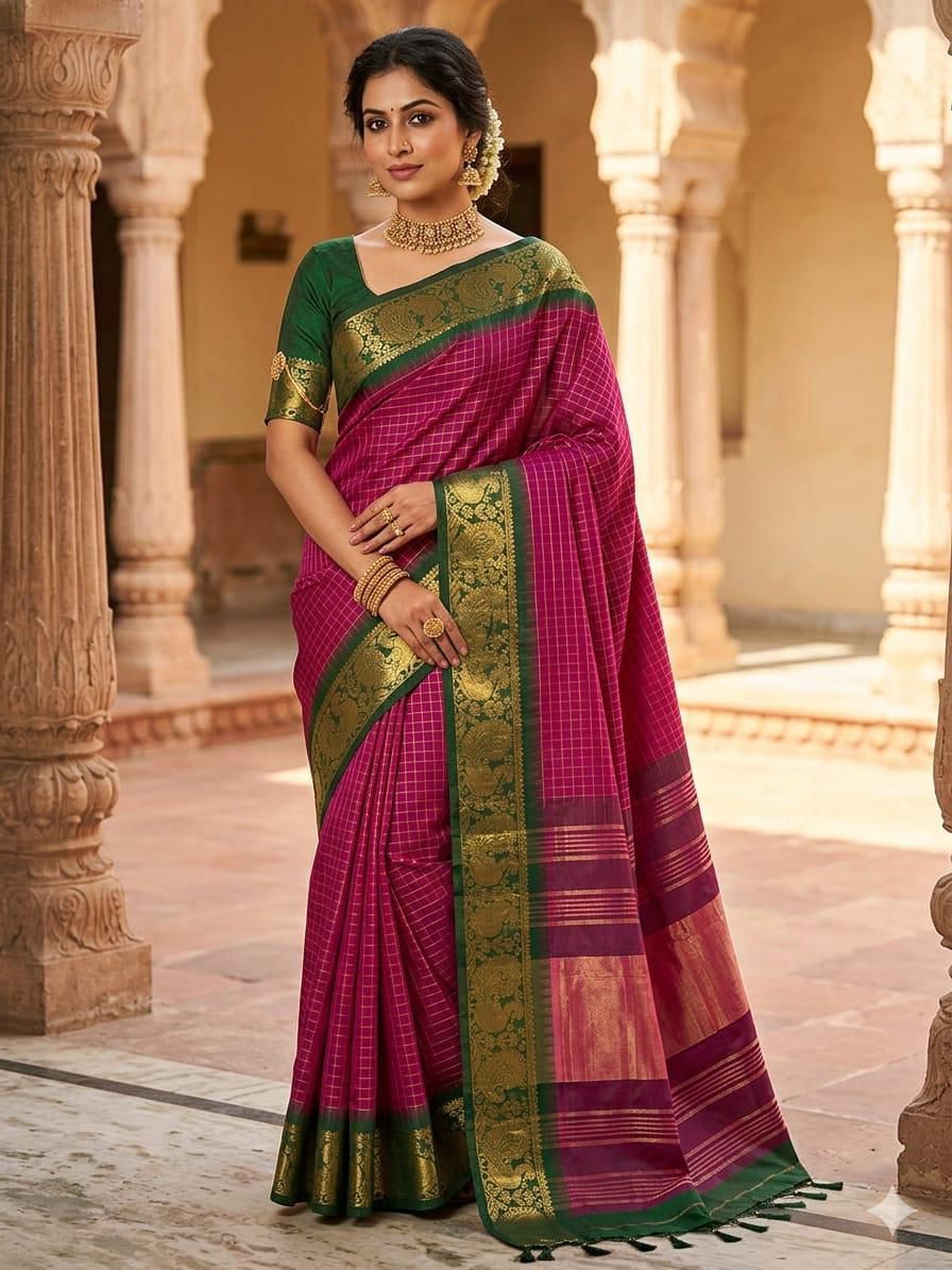 Royal Blue Checked Kanchipuram Soft Silk Saree with Teal Green Zari Border